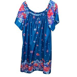 Granada Womens Floral Print Blue Nightgown With Short Sleeves & Adjustable Tie N